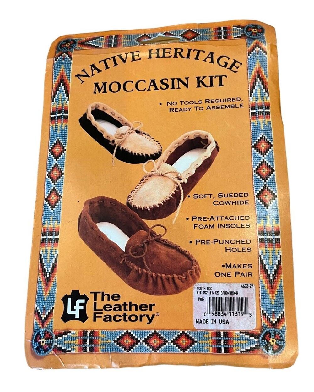 Native Heritage Moccasin Kit Soft Sueded Cowhide Youth Size 11/12 USA New